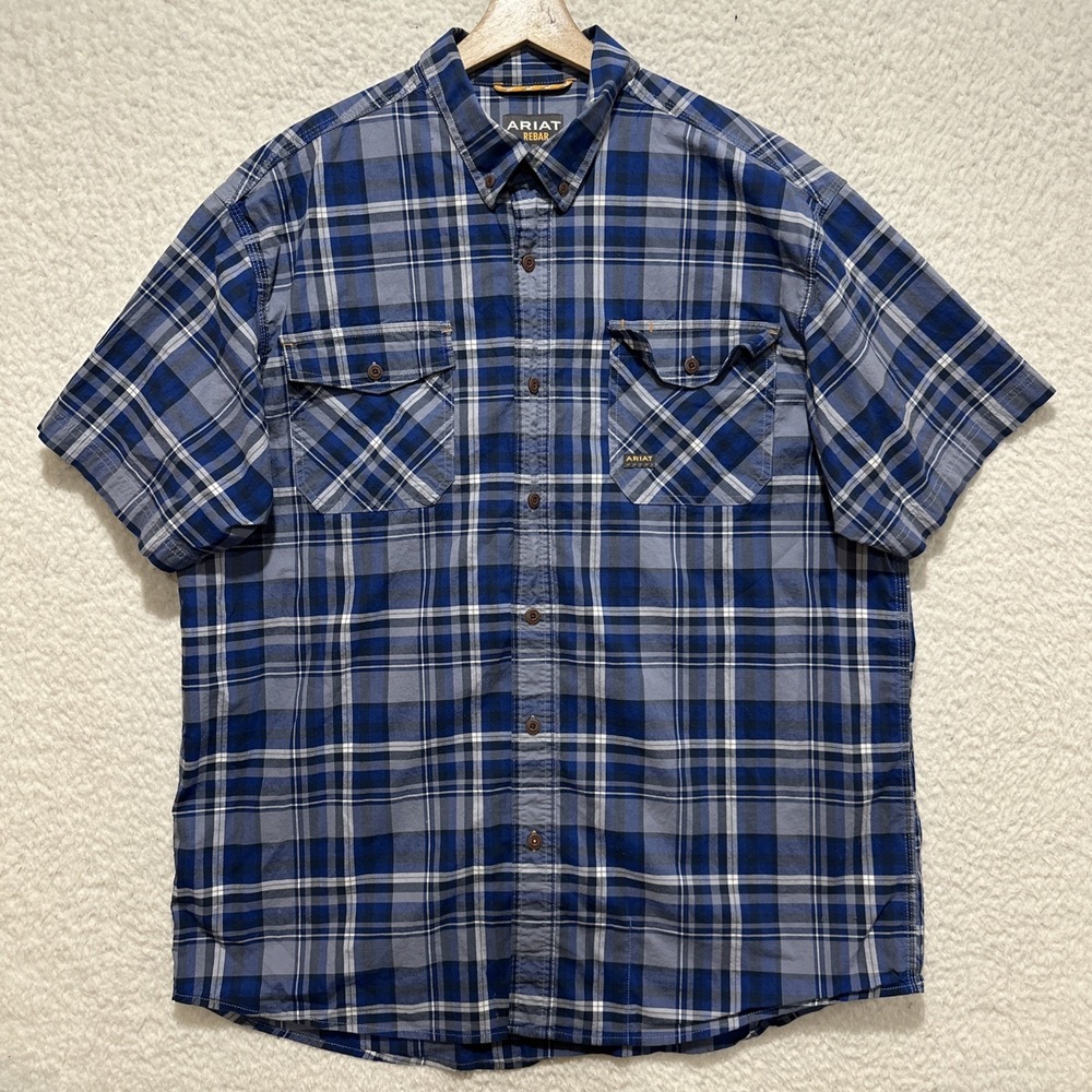 Ariat Rebar Shirt Mens Size XL Blue Plaid Workwear Pockets Cotton Blend